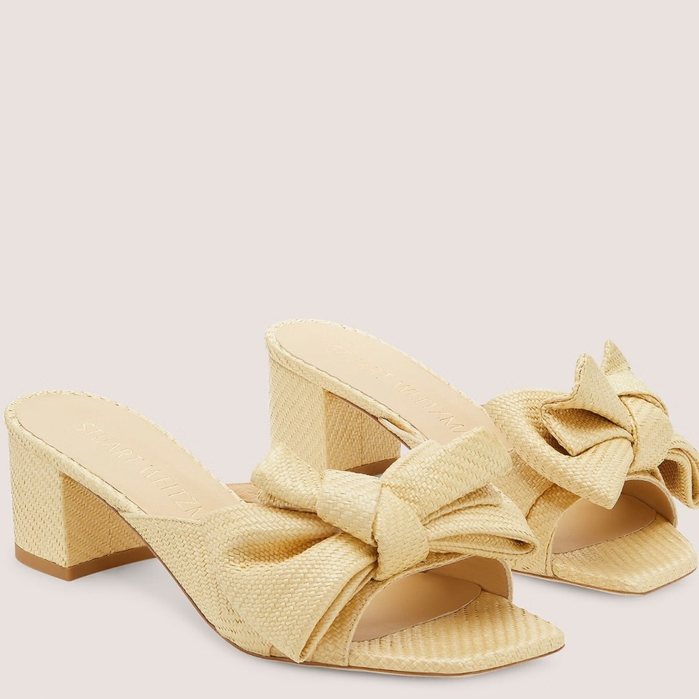 Stuart Weitzman NEW Loveknot 50 Block Slide Sandals Wheat Raffia Size 11